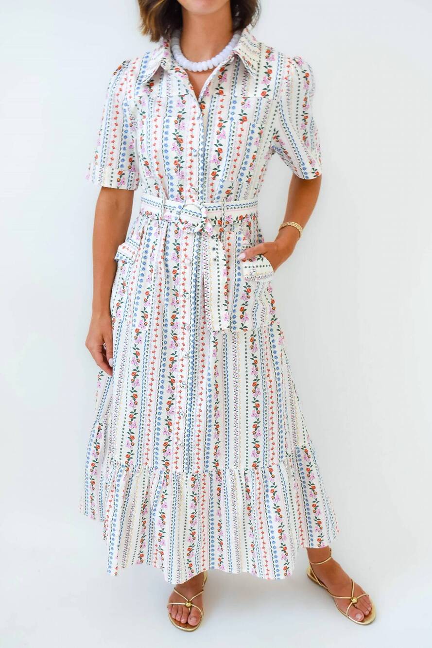NEW KARLIE french floral belted midi dress in ivory/multi